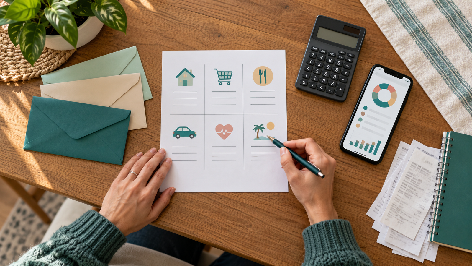 Person filling out a budget worksheet on a table with a calculator, smartphone displaying a chart, envelopes, receipts, and a potted plant nearby—demonstrating how the best budgeting methods can help organize finances efficiently.