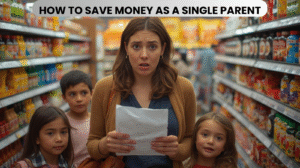 A single parent stands with three children in a grocery store aisle, holding a receipt and looking concerned. Text reads: "Money Saving Tips for Single Parents.