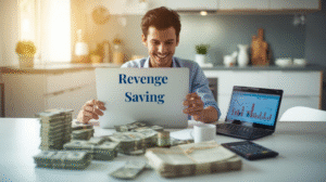 A man sits at a table hoarding cash, a laptop displaying graphs, and a sign reading "Revenge Saving" in a modern kitchen—a witty nod to the fierce art of saving money.