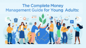 Illustration of young adults interacting with financial symbols and a large money plant, highlighting money management skills, with the text “The Complete Money Management Guide for Young Adults” above them.