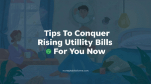 A couple sits in a living room with the text "Tips To Conquer Rising Utility Bills For You Now" overlayed, offering smart ways to lower energy costs and manage expenses.
