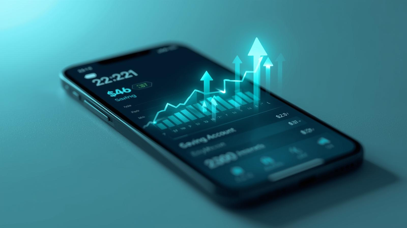A smartphone displays a financial graph with rising data points and upward arrows, highlighting the smart move of investing in High-Yield Savings Accounts for steady stock or investment growth.