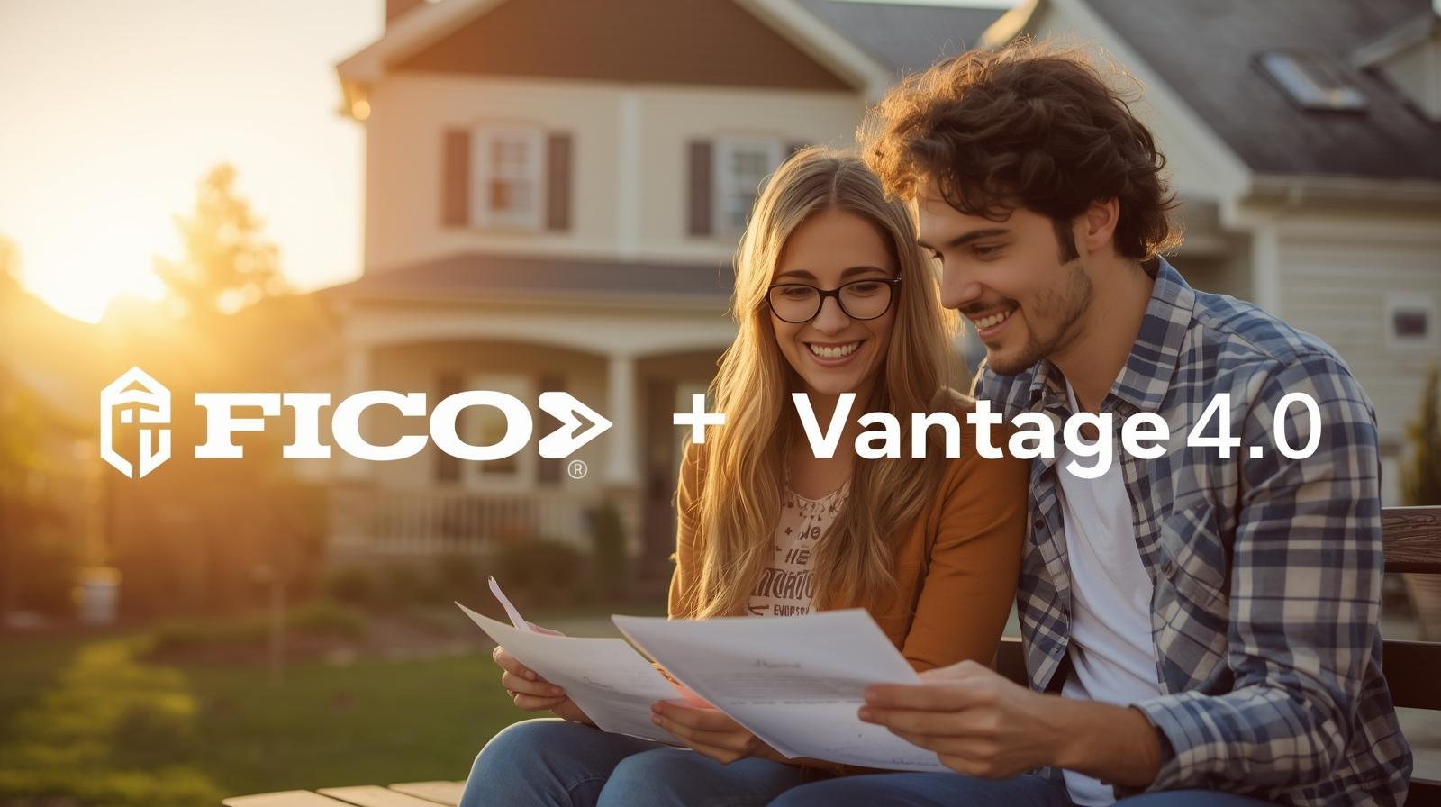 A smiling couple sits outside their first home reviewing documents, with the text "FICO + Vantage 4.0" displayed across the image.