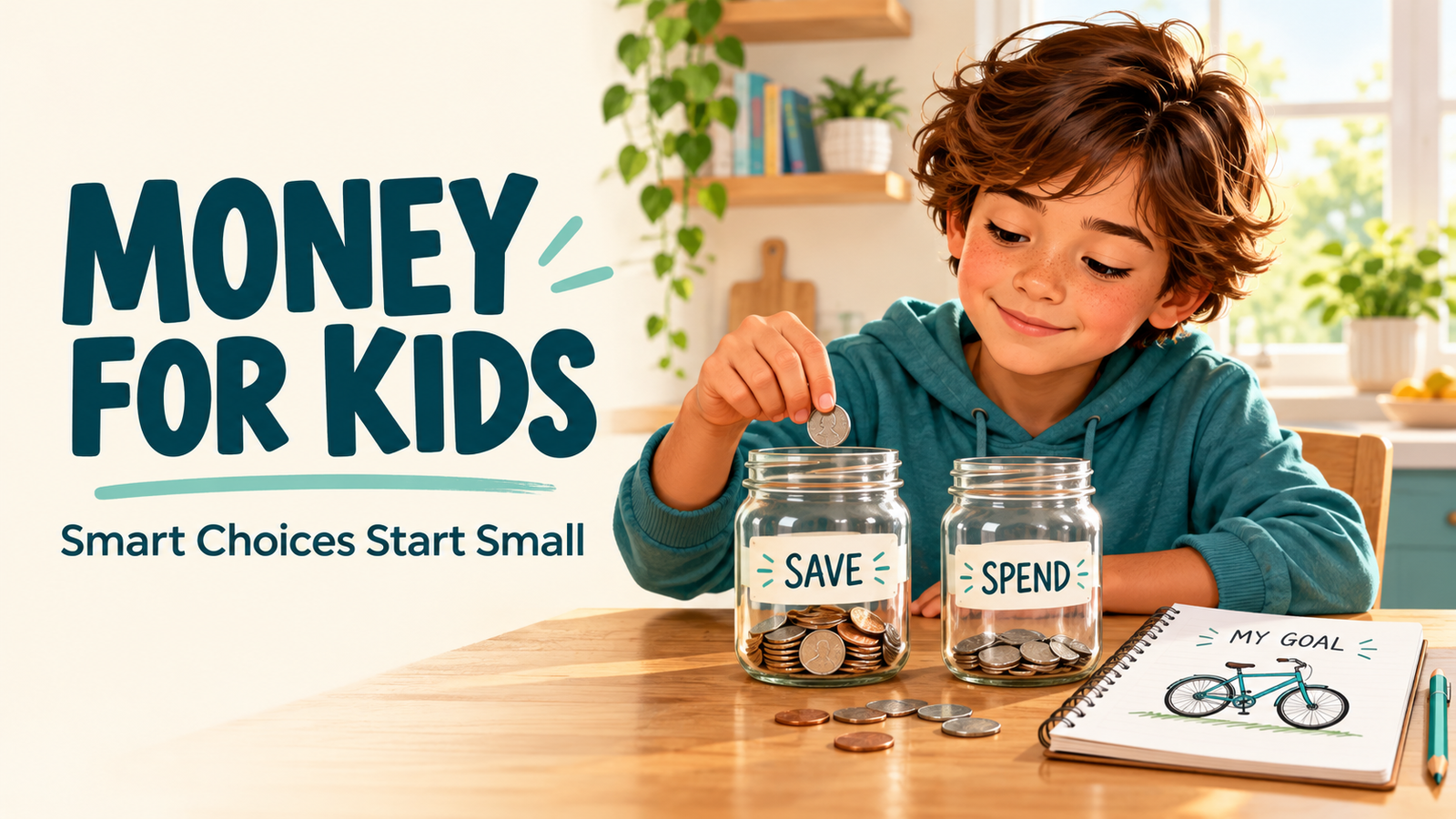 A child places a coin into a “Save” glass jar next to a “Spend” jar and a bicycle drawing labeled “My Goal,” illustrating how Money for Kids: Smart Choices Start Small.