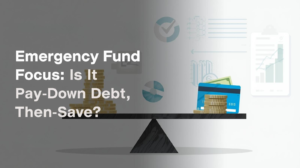 A balanced scale with coins, cash, and credit cards; text reads "Emergency Fund Focus: Save Money or Pay Down Debt First?" on a grey background with finance icons.