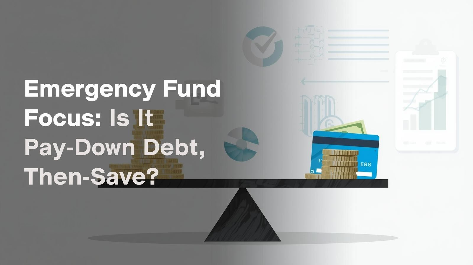 A balanced scale with coins, cash, and credit cards; text reads "Emergency Fund Focus: Save Money or Pay Down Debt First?" on a grey background with finance icons.