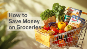 A grocery cart filled with fresh produce, pasta, and packaged food, with text overlay: "How to Save Money on Groceries and get the most value from your groceries.