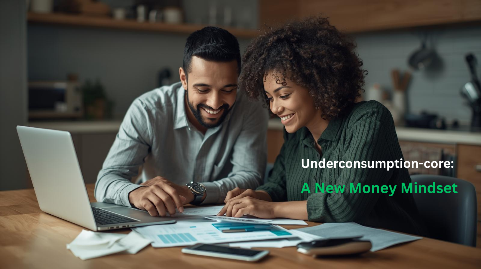 A man and woman sit at a kitchen table reviewing financial documents and charts, with a laptop and smartphone nearby. Text on image reads: "Underconsumption-core: A New Money Mindset." Embrace an underconsumption approach for smarter finances.