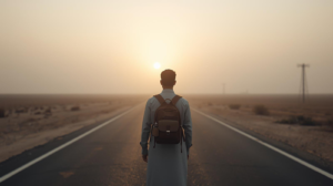 A person with a backpack stands in the middle of an empty road at sunrise, symbolizing the journey to gain traction and move beyond just One Source of Income amid a barren landscape stretching on either side.