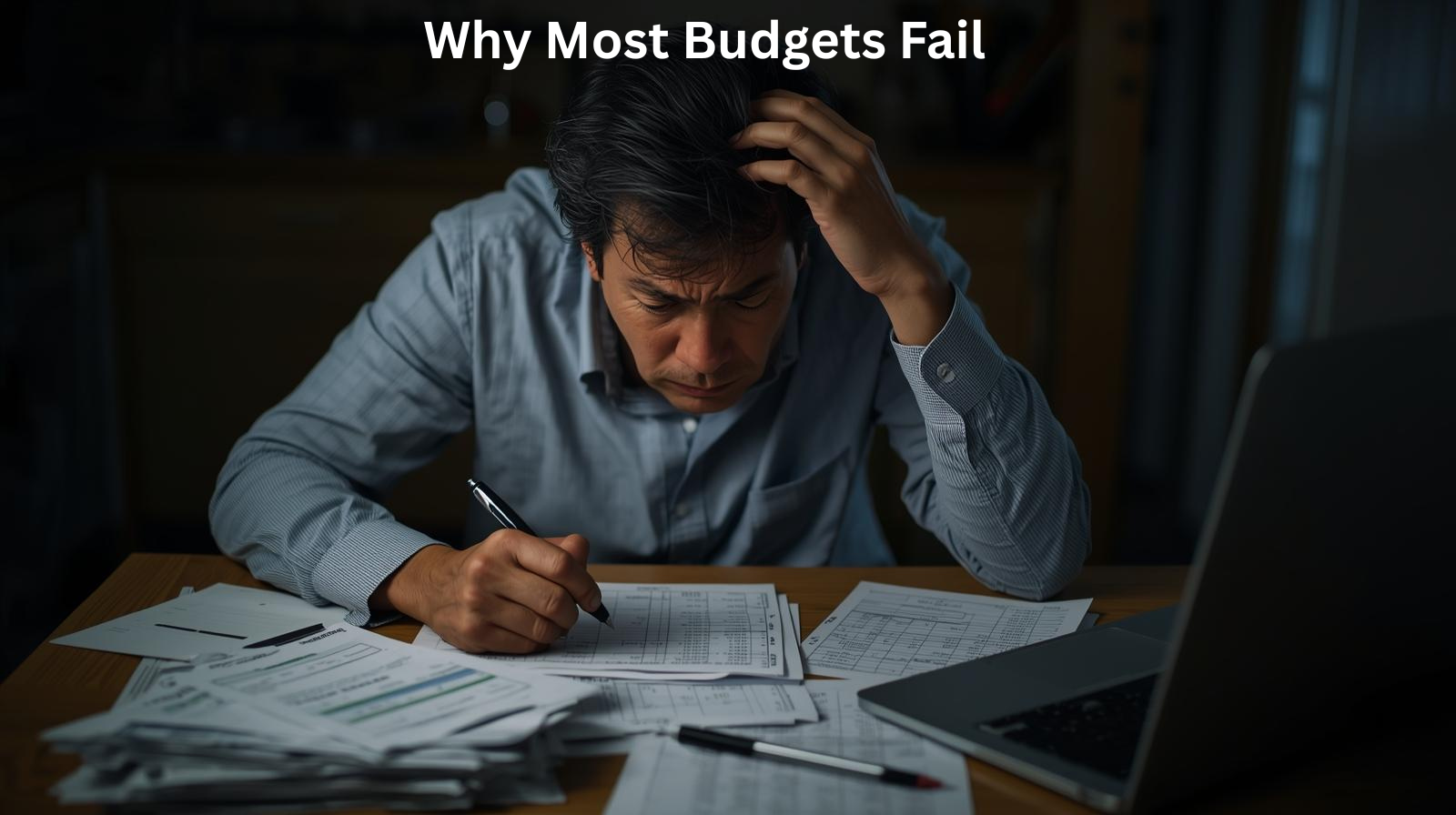 A man sits at a table with a laptop and paperwork, appearing stressed as he works, with the text "Why Most Budgets Fail" above him—highlighting the challenges and common causes of budgeting failure.