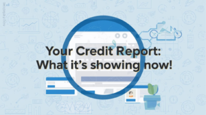A graphic with the text "Your Credit Report: What it's showing now!" over an illustration of a credit report update, charts, and financial icons.