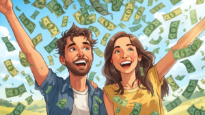 A smiling man and woman stand outdoors with their arms raised as dollar bills fall around them, celebrating their tax refund and exploring the best uses of tax refund windfalls.