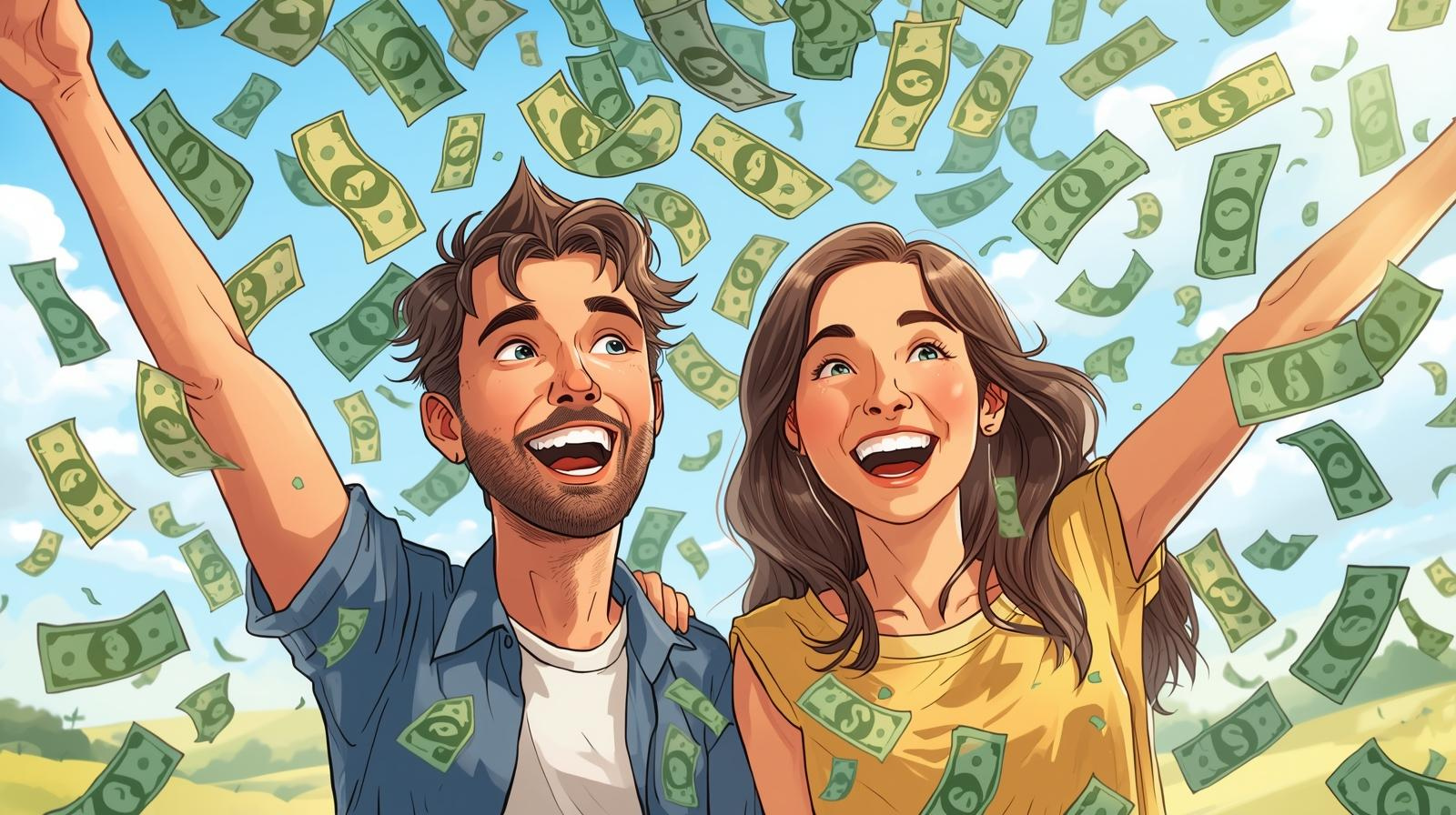 A smiling man and woman stand outdoors with their arms raised as dollar bills fall around them, celebrating their tax refund and exploring the best uses of tax refund windfalls.