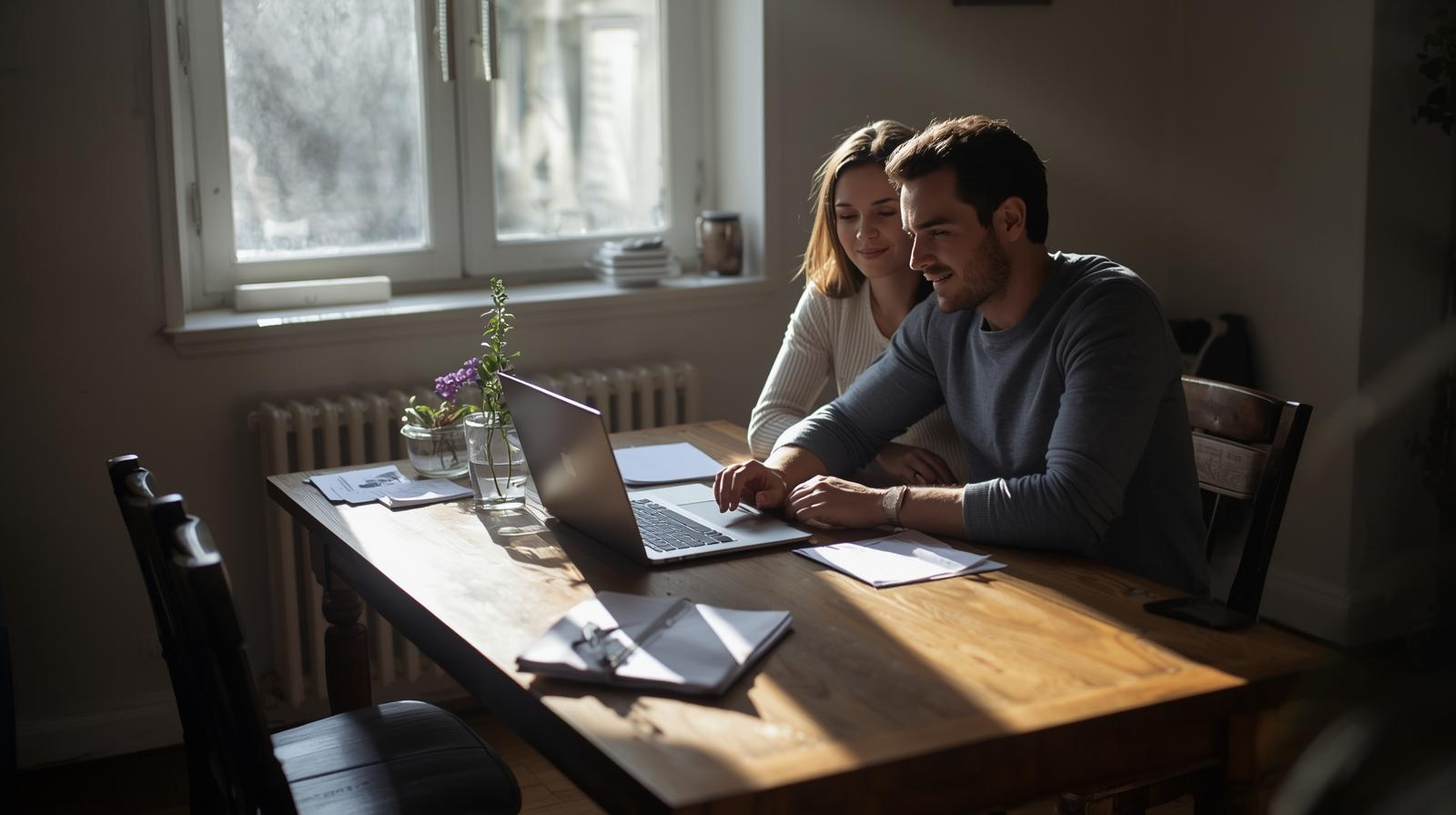 A man and woman sit at a wooden table in a sunlit room, using a laptop with papers and a glass of water nearby as they engage in open financial communication.