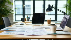 A modern office desk with two open laptops, scattered documents on the credit dispute process, coffee cups, pencils, and a desk lamp, set in front of large windows with natural light.