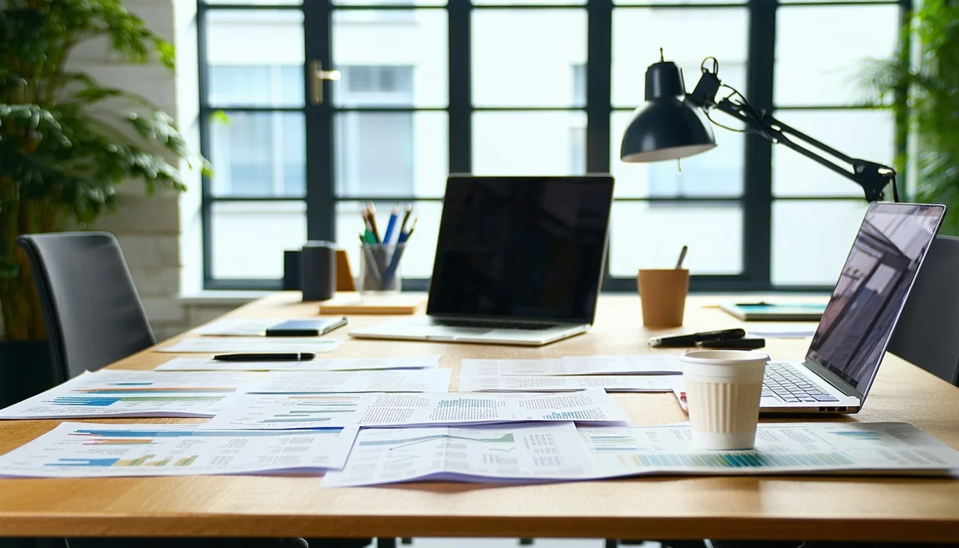 A modern office desk with two open laptops, scattered documents on the credit dispute process, coffee cups, pencils, and a desk lamp, set in front of large windows with natural light.