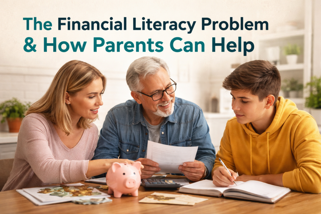 Financial Literacy for Teens: The Hidden Challenge 1 Three people sit at a table with papers, notebooks, and a piggy bank, discussing financial literacy for teens. Text reads: "The Financial Literacy Challenge & How Parents Can Help.