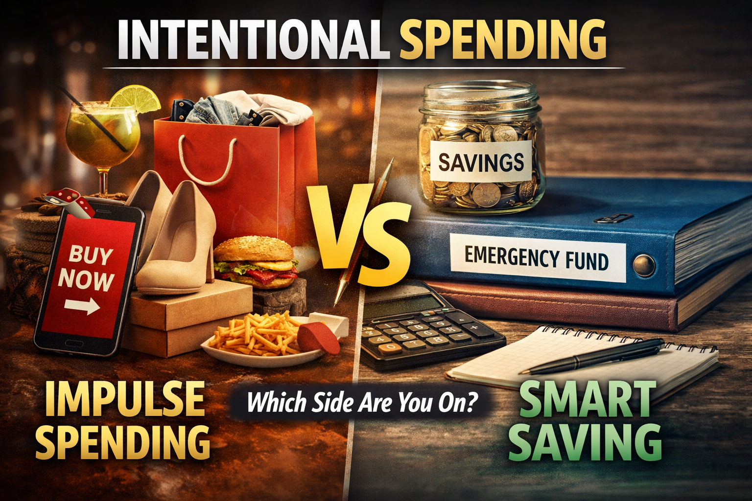 Split image compares impulse spending with fast food and shopping bags on the left, and intentional spending with a savings jar and emergency fund folder on the right. Text: "Buy Better: Which side are you on?.
