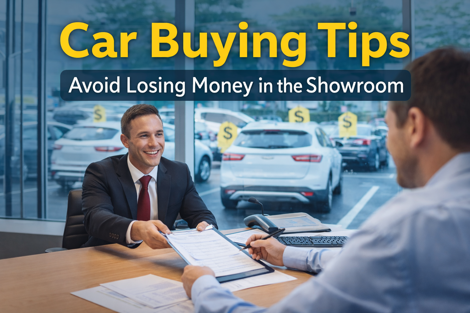 A car salesman hands paperwork to a customer in a showroom with cars visible outside. Text reads: "Car-Buying Tips: How to Avoid Losing Money in the Showroom.