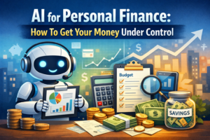 A robot holding a finance chart stands by coins, a budget checklist, cash, and a savings jar, with graphs and upward trends in the background. Text: "AI for Personal Finance: Smart money management made easy.