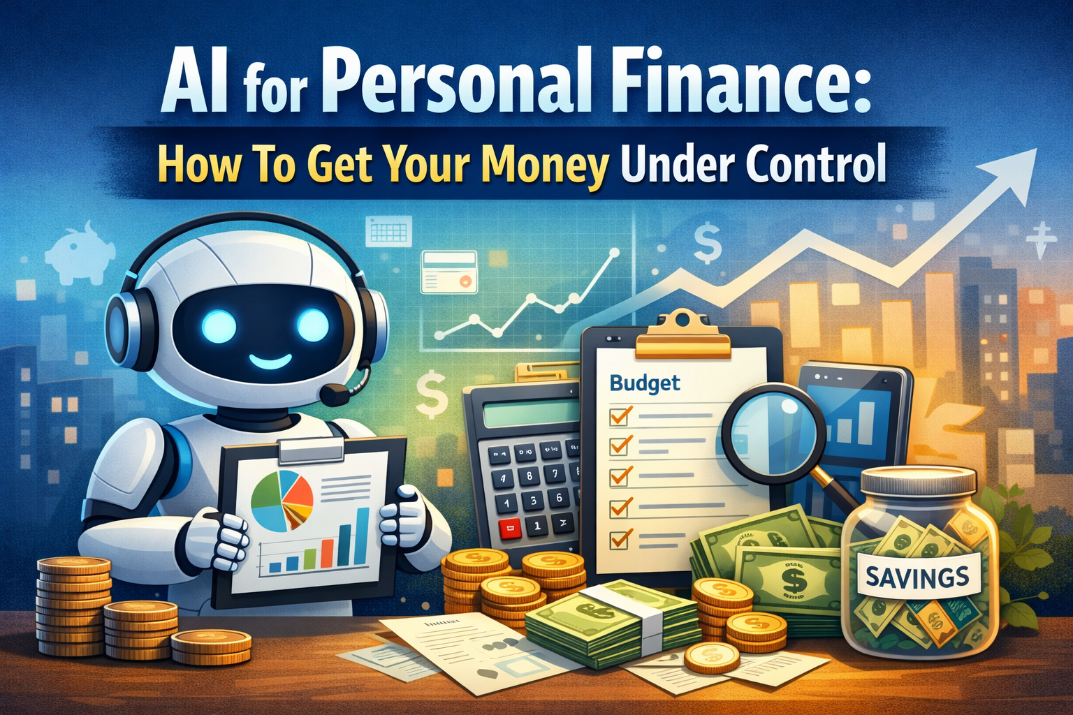 A robot holding a finance chart stands by coins, a budget checklist, cash, and a savings jar, with graphs and upward trends in the background. Text: "AI for Personal Finance: Smart money management made easy.