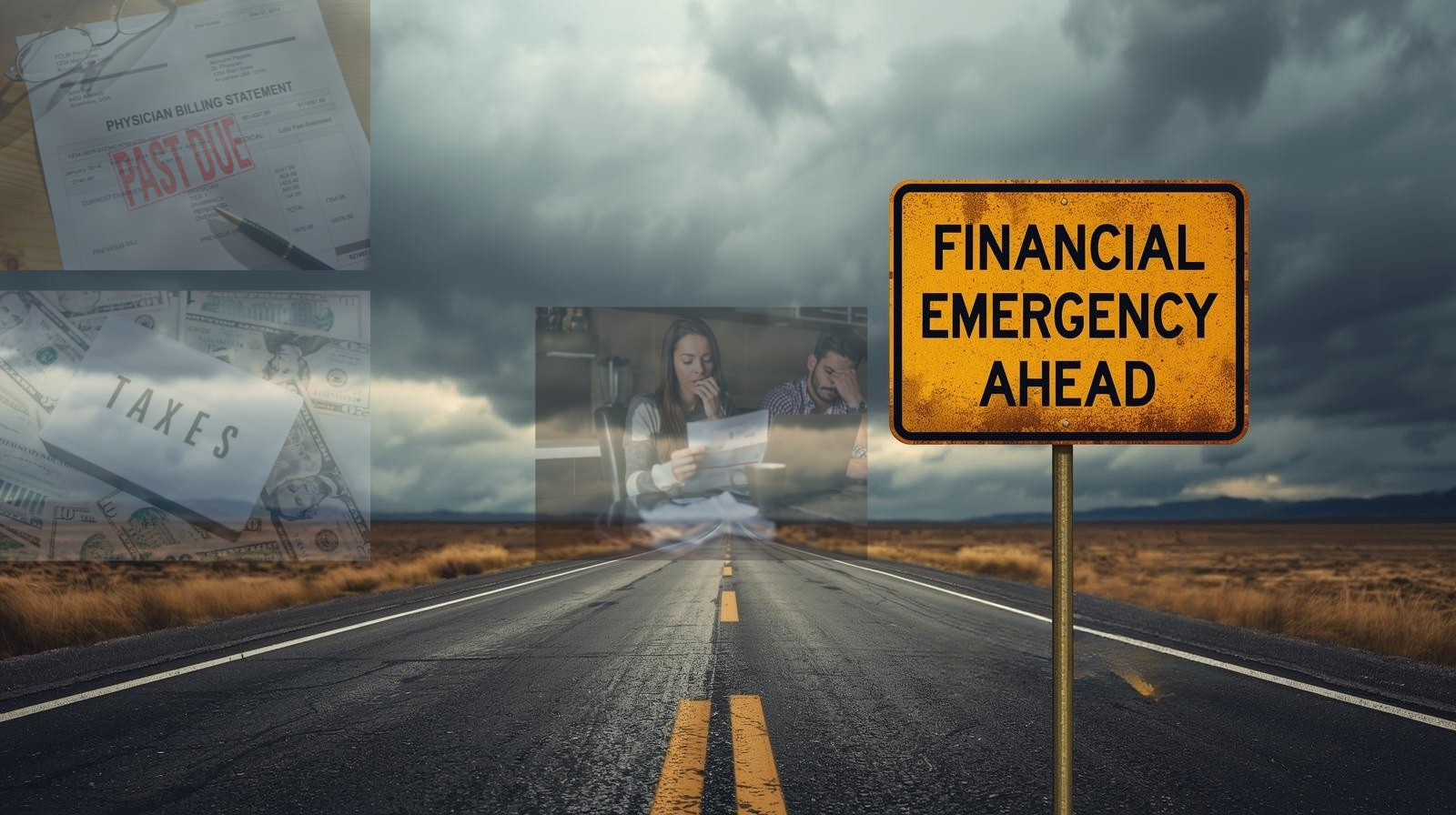 A road sign reading "Financial Emergency Ahead" stands on an empty highway, with images of bills, taxes, and a concerned couple in the background—reminding us of the importance of having the right amount in an emergency fund.