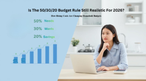 A woman sits at a desk with a calculator, looking thoughtful. The graphic beside her explains the 50/30/20 budget rule, a realistic budgeting method for needs, wants, and savings that remains popular in 2026.