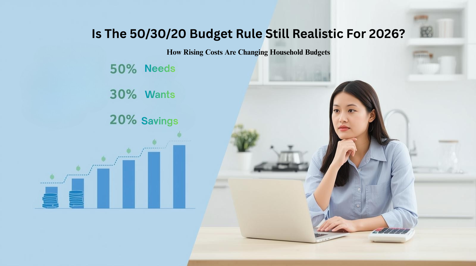 A woman sits at a desk with a calculator, looking thoughtful. The graphic beside her explains the 50/30/20 budget rule, a realistic budgeting method for needs, wants, and savings that remains popular in 2026.