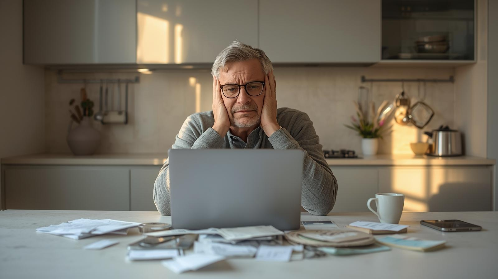 An older man sits at a kitchen table, looking concerned at a laptop screen, with scattered papers, envelopes, and a cup of coffee in front of him as he considers budgeting to stop living paycheck to paycheck.