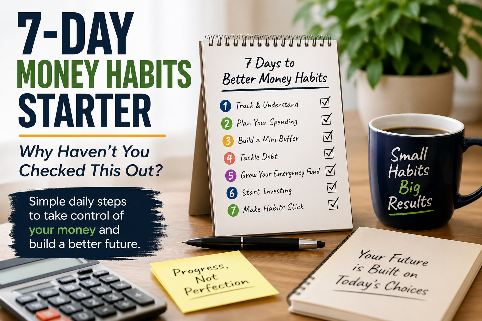 A checklist titled "7 Days to Better Money Habits" sits on a desk with coffee, a plant, and motivational notes—a perfect 7-Day Starter for anyone looking to build strong money habits and improve their money management skills.