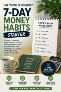 A promotional poster for a 7-Day Money Habits Starter program, featuring a checklist, coffee mug, pen, and calculator on a desk, with program details and benefits highlighted.