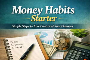 Notebook with a financial checklist, pen, cash, coins in a jar, calculator, plant, and chart, with the text "Money Habits Starter: Simple Steps to Take Control of Your Finances and boost your money management.