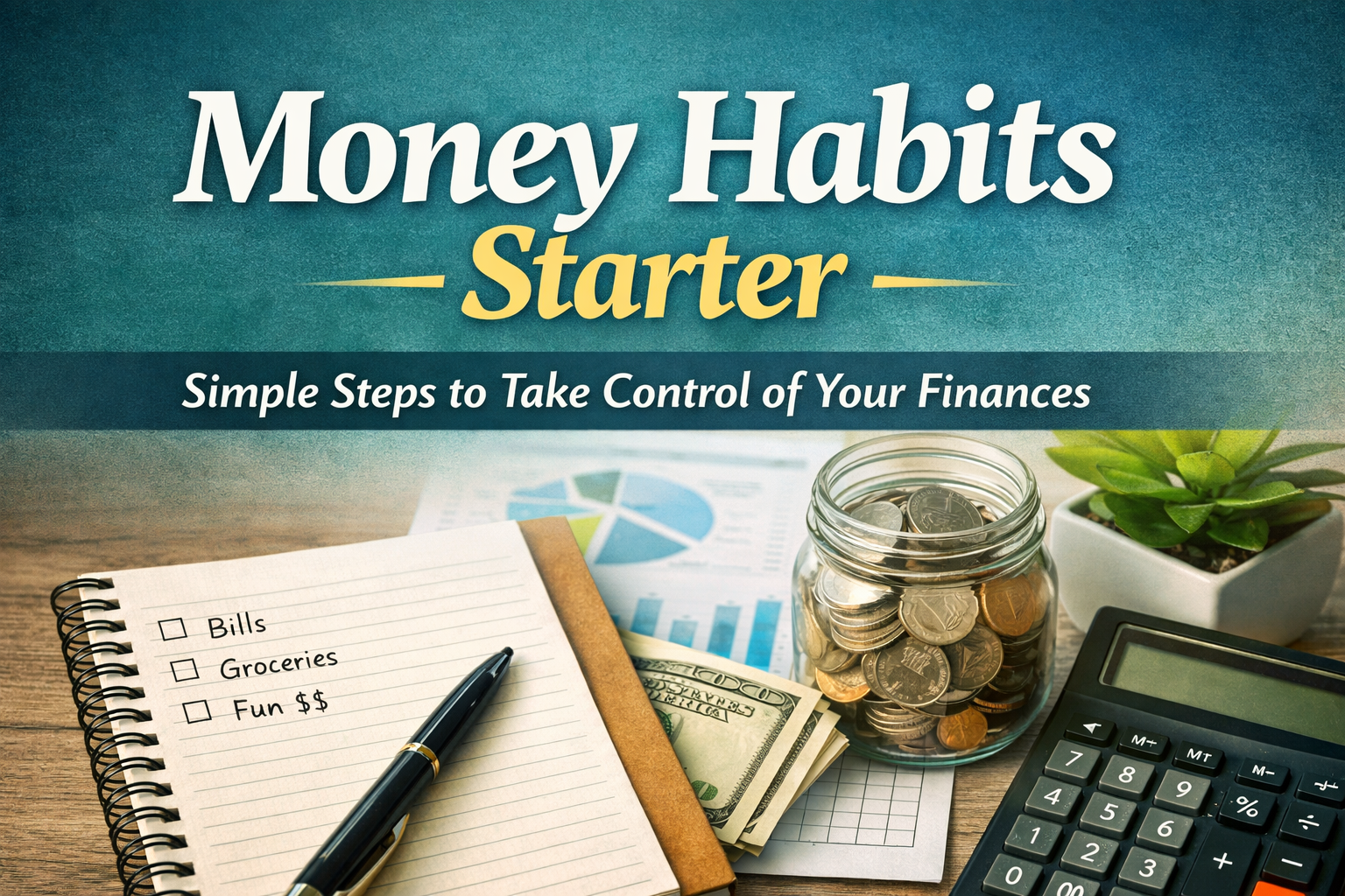 Notebook with a financial checklist, pen, cash, coins in a jar, calculator, plant, and chart, with the text "Money Habits Starter: Simple Steps to Take Control of Your Finances and boost your money management.