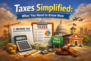 Illustration of tax concepts with a calculator, money, documents, gavel, and government buildings, titled "Taxes Simplified: What You Need to Know Now," offering essential tax information in an easy-to-understand format.