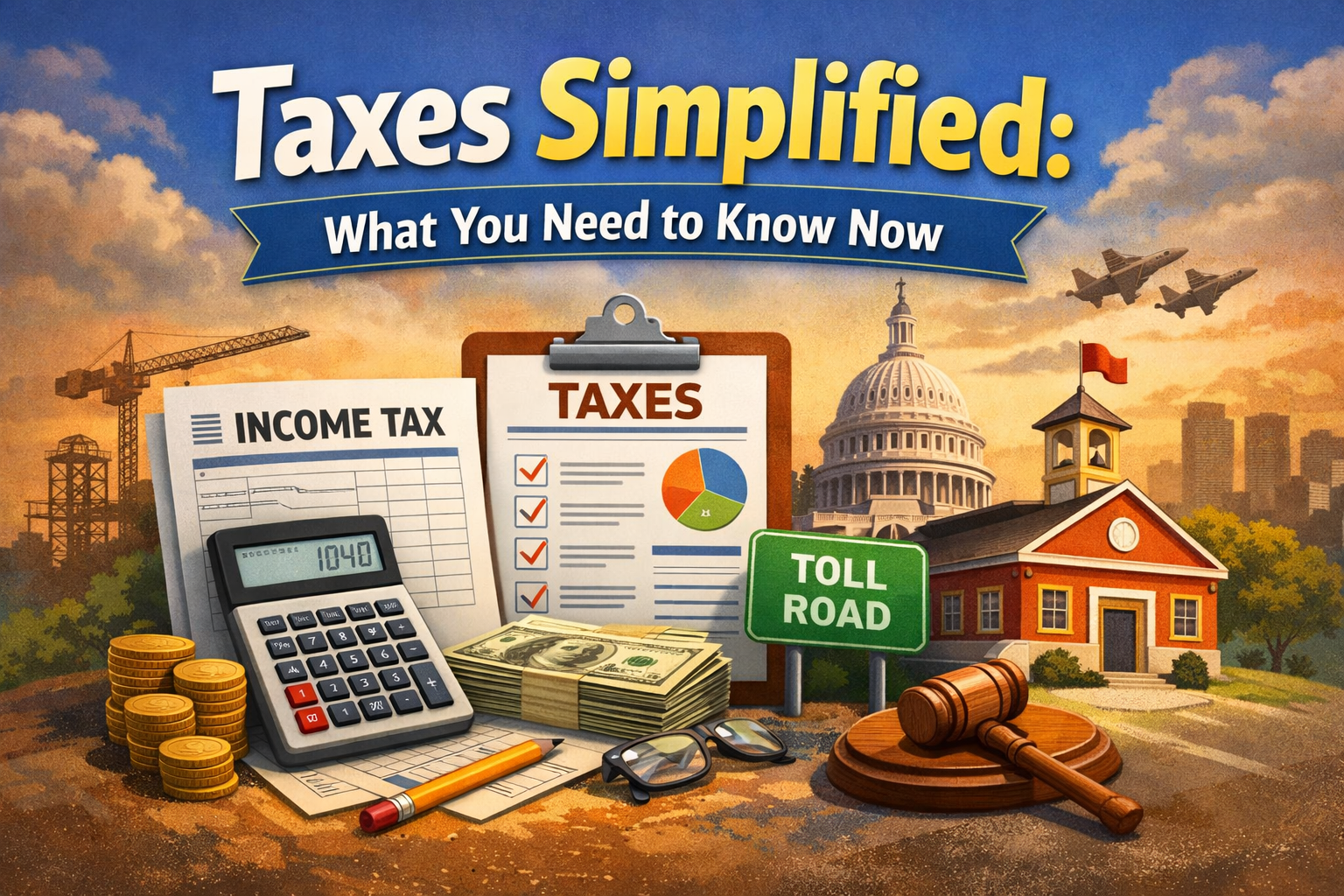 Illustration of tax concepts with a calculator, money, documents, gavel, and government buildings, titled "Taxes Simplified: What You Need to Know Now," offering essential tax information in an easy-to-understand format.