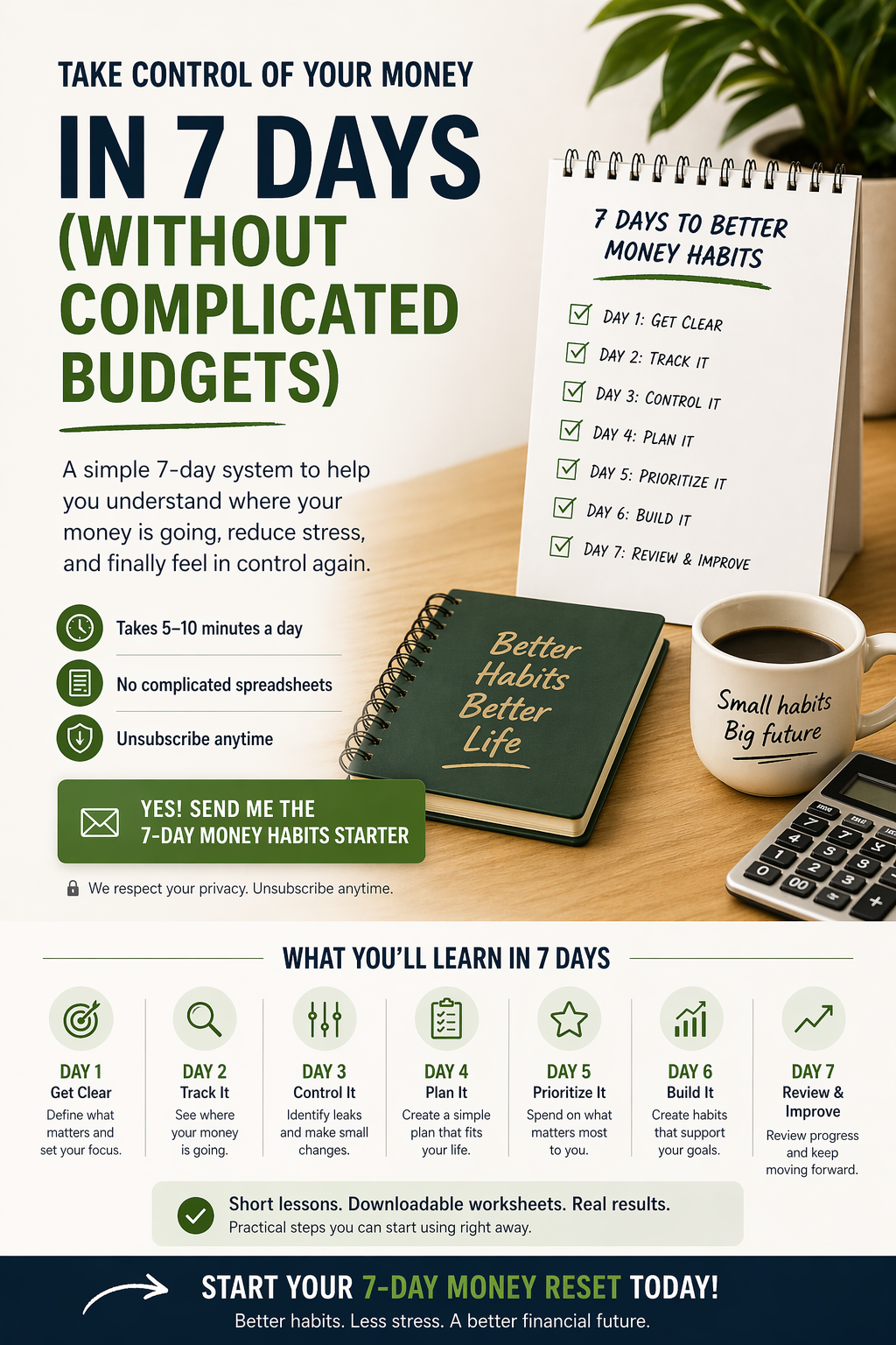 Infographic promoting a 7-Day Money Habits starter course, featuring a checklist, a notebook, a mug, and daily topic summaries to help you improve financial control without complex budgeting.