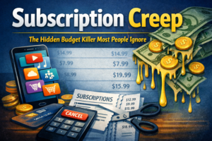 Illustration of subscriptions, money, and a calculator with dripping coins, highlighting how subscription creep can become a major budget killer. Text reads, "Subscription Creep: The Hidden Budget Killer Most People Ignore.