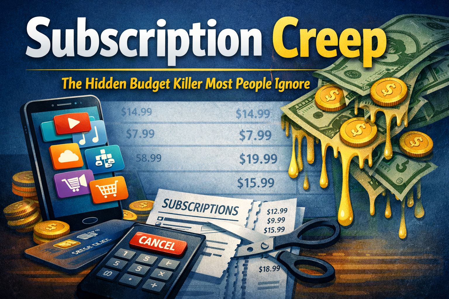 Illustration of subscriptions, money, and a calculator with dripping coins, highlighting how subscription creep can become a major budget killer. Text reads, "Subscription Creep: The Hidden Budget Killer Most People Ignore.
