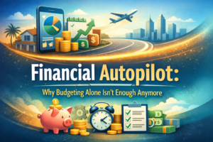 Illustration of financial themes with charts, coins, house, plane, piggy bank, clock, and checklists, titled "Financial Autopilot: Why New Budgeting Methods Alone Aren't Enough Anymore.