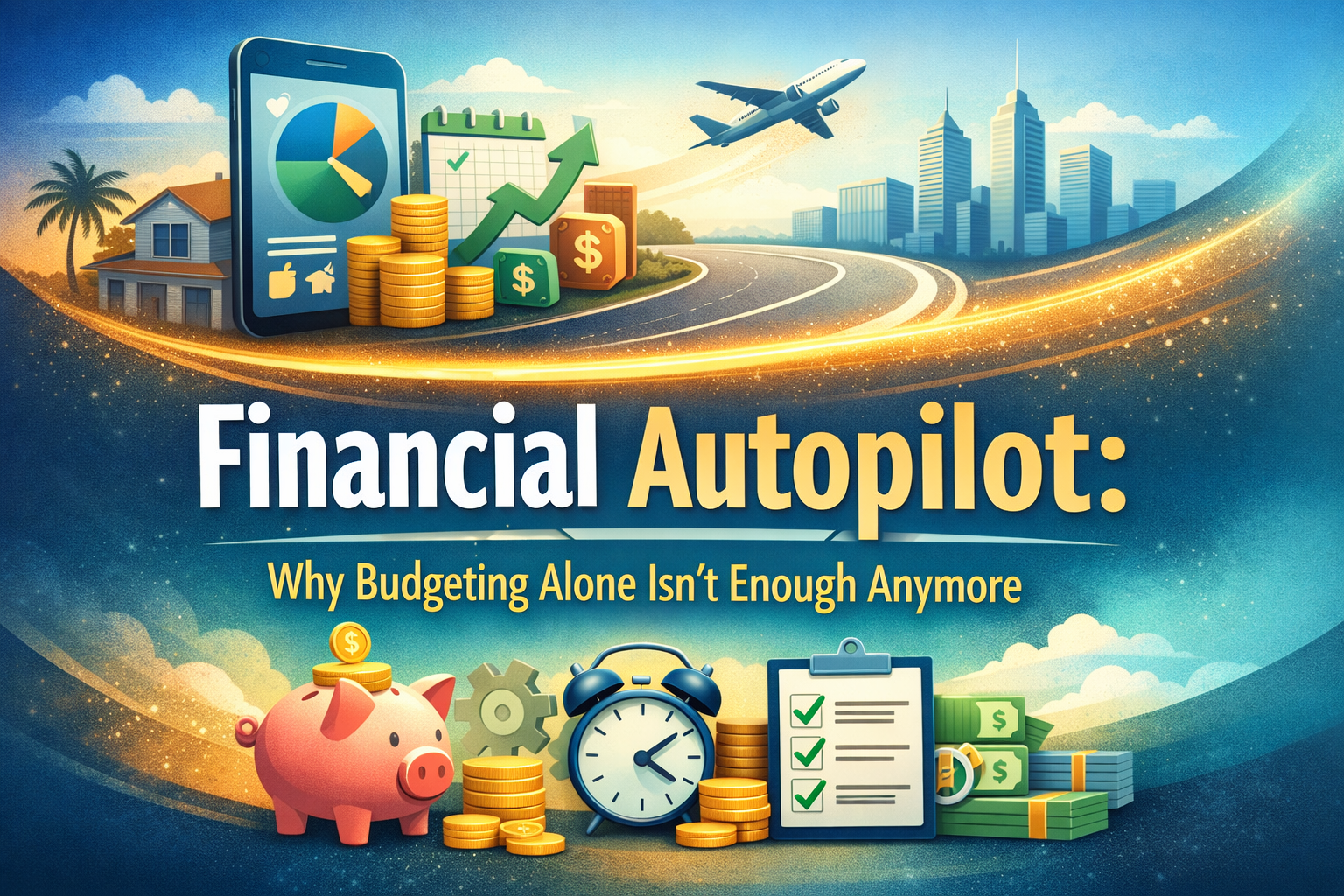 Illustration of financial themes with charts, coins, house, plane, piggy bank, clock, and checklists, titled "Financial Autopilot: Why New Budgeting Methods Alone Aren't Enough Anymore.