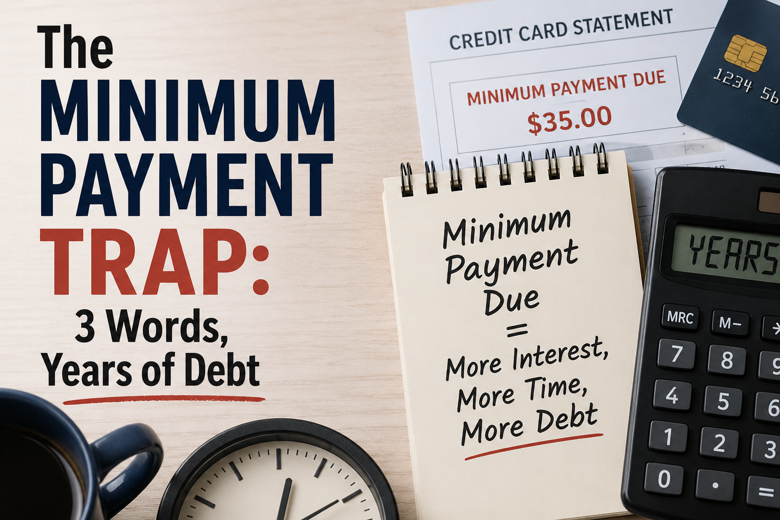 A credit card statement shows a $35 minimum payment due; a notepad warns that making only minimum payments on credit cards leads to more interest, more time, and greater debt—highlighting the "minimum payment trap.