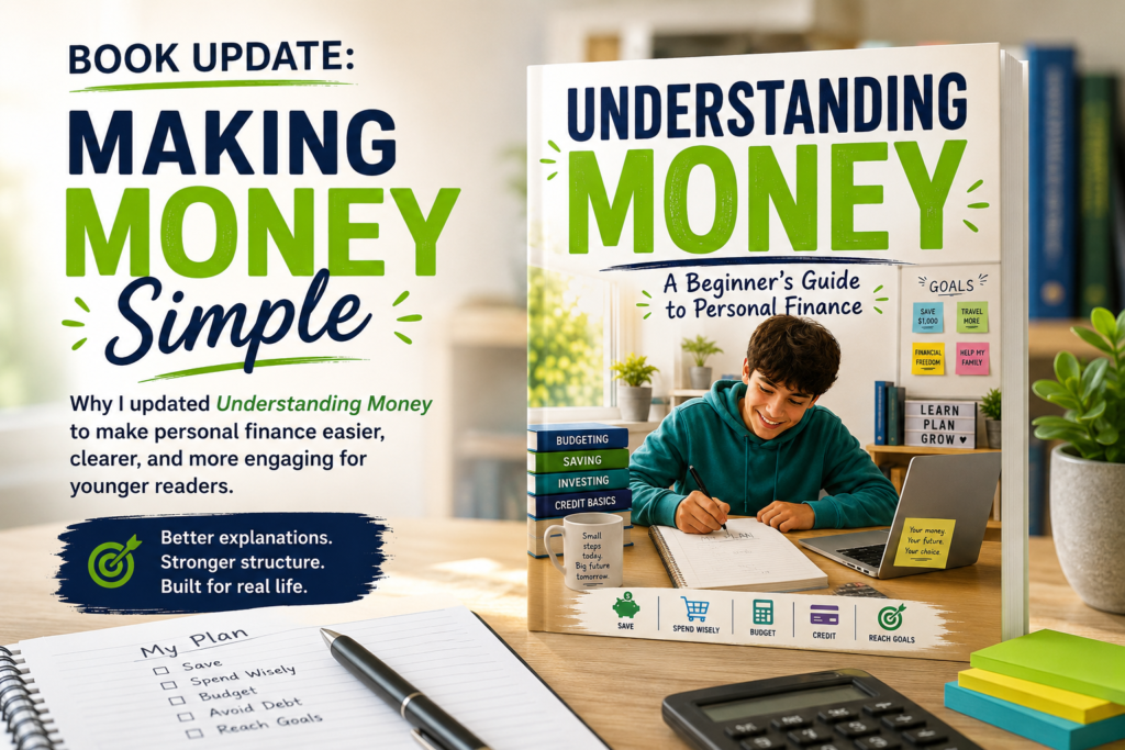 A promotional image for the updated "Understanding Money," featuring the book cover, a notebook, and a summary of new financial education features designed to help younger readers understand money better.