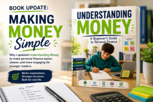 A promotional image for the updated "Understanding Money," featuring the book cover, a notebook, and a summary of new financial education features designed to help younger readers understand money better.