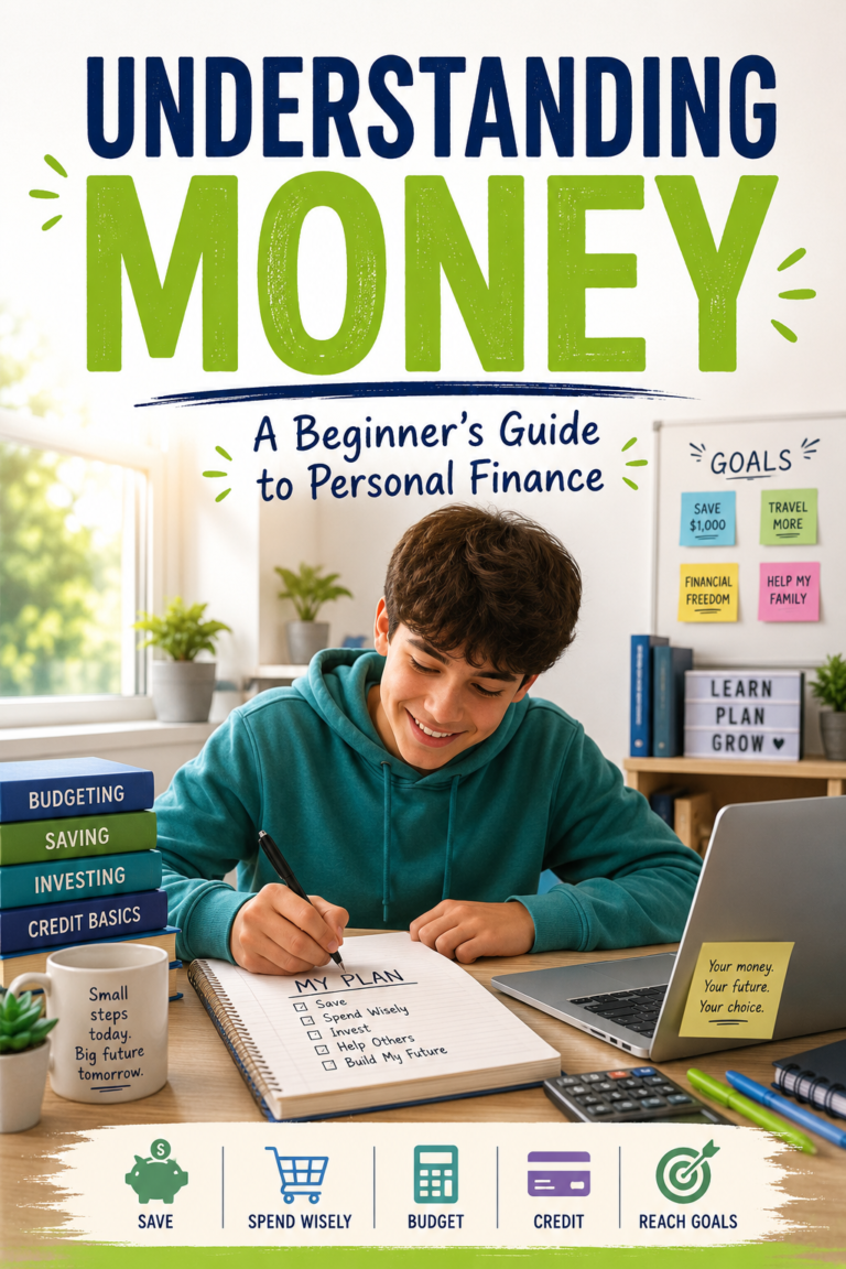 A boy sits at a table writing in a notebook labeled "My Plan," surrounded by books and finance materials, under a sign reading "Understanding Money," as he builds simple money habits for his future.