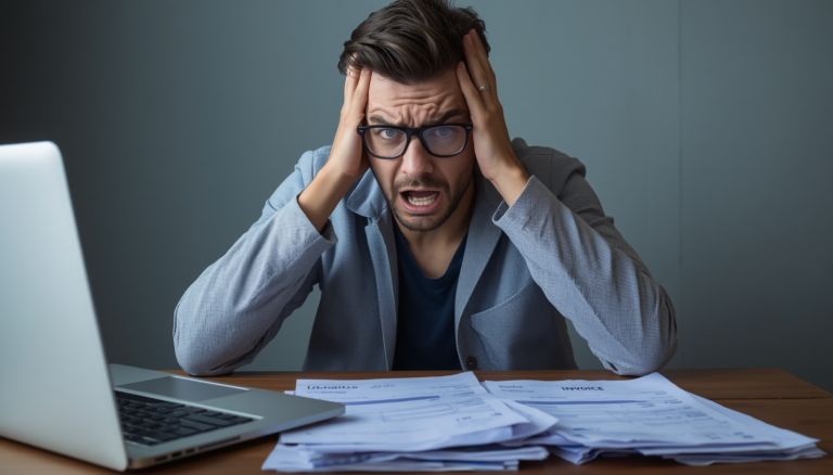 Stacked invoices and papers on a desk as a frustrated man with glasses holds his head in distress at a laptop
