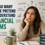 Financial Terms: So Many People Pretend to Understand Now 1 A woman sits at a desk looking confused, surrounded by finance books and question marks, with text about how to understand financial terms for better financial literacy.