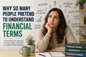 A woman sits at a desk looking confused, surrounded by finance books and question marks, with text about how to understand financial terms for better financial literacy.