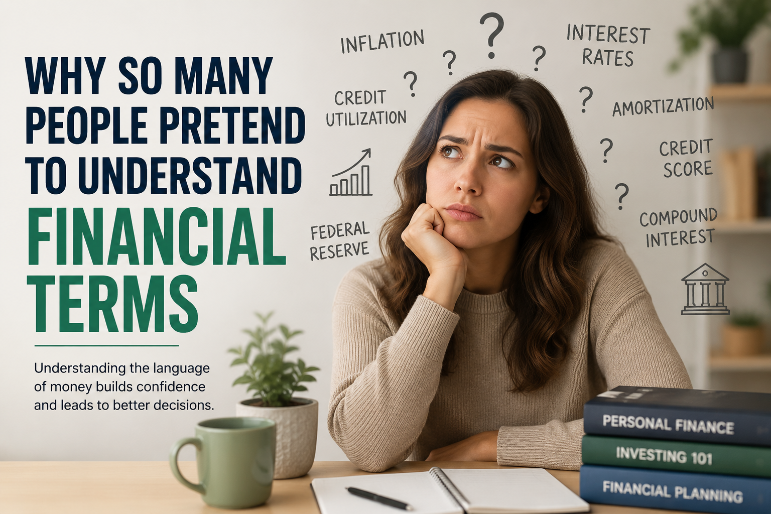 A woman sits at a desk looking confused, surrounded by finance books and question marks, with text about how to understand financial terms for better financial literacy.