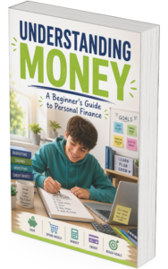 A book titled "Understanding Money: A Beginner’s Guide to Personal Finance" featuring a smiling boy writing at a desk with budgeting materials, finance-related notes, and tips on building simple money habits.