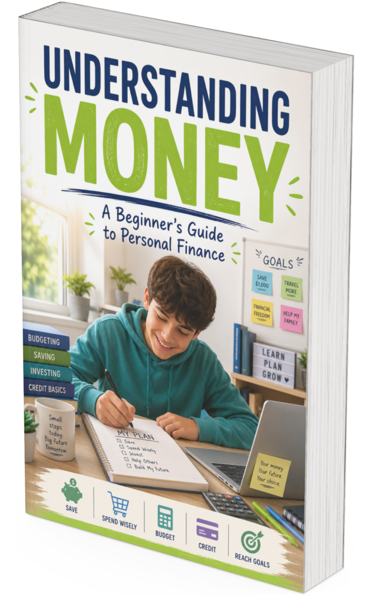 A book titled "Understanding Money: A Beginner’s Guide to Personal Finance" featuring a smiling boy writing at a desk with budgeting materials, finance-related notes, and tips on building simple money habits.